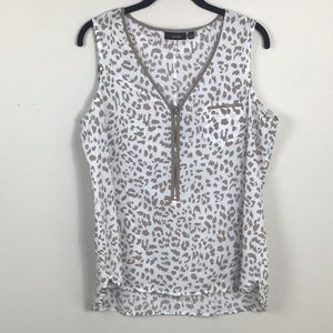 White and Tan leopard cheetah print top front zipper Large